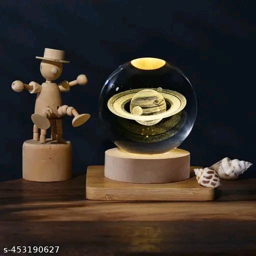 Celestial 3D Saturn Crystal Ball Lamp | Warm Glow Wooden Base Night Light