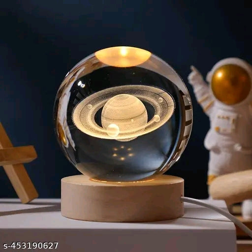 Celestial 3D Saturn Crystal Ball Lamp | Warm Glow Wooden Base Night Light